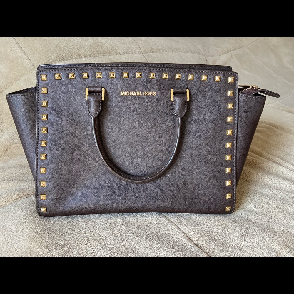 Michael Kors Selma Saffiano Leather Brown Studded Medium Satchel
